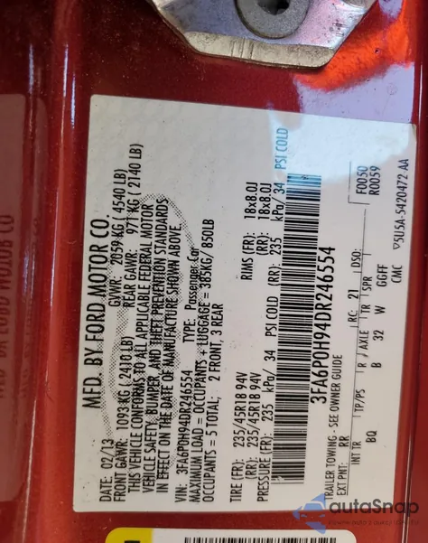 2013 Ford Fusion Se из США, поврежденный, VIN 3FA6P0H94DR246554